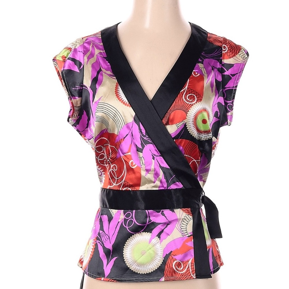 BCBG Satin Kimono V-Neck Wrap Top Size XS